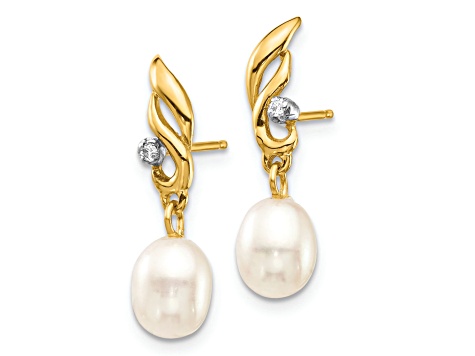 14K Yellow Gold 5-6mm White Rice Freshwater Cultured Pearl 0.02ct Diamond Dangle Earrings