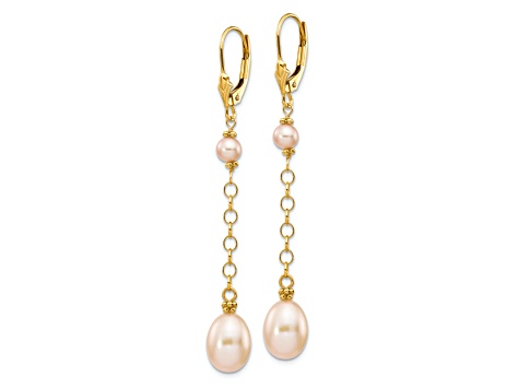 14K Yellow Gold 5-8mm Pink Freshwater Cultured Pearl Leverback Earrings