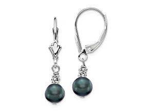 Rhodium Over 14K White Gold 5-6mm Black Semi-round Freshwater Cultured Pearl Leverback Earrings