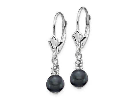 Rhodium Over 14K White Gold 5-6mm Black Semi-round Freshwater Cultured Pearl Leverback Earrings