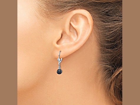 Rhodium Over 14K White Gold 5-6mm Black Semi-round Freshwater Cultured Pearl Leverback Earrings