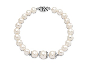 Rhodium Over Sterling Silver 7-10mm White Freshwater Cultured Pearl Fancy Bracelet