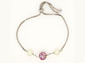 Round Pink and White Mother-Of-Pearl Sterling Silver Station Bolo Bracelet