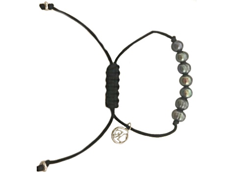 6-7MM Round Black Freshwater Pearl Black Cord Bolo Bracelet with Stainless Steel Accent Tag