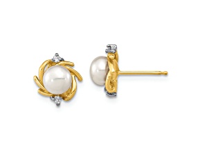 14k Yellow Gold and Rhodium Over 14k Yellow Gold 5-6mm Button White FWC Pearl Diamond Stud Earring