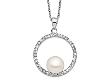 Picture of Rhodium Over Sterling Silver 8-9mm White Freshwater Cultured Pearl and Cubic Zirconia Necklace