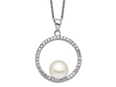 Rhodium Over Sterling Silver 8-9mm White Freshwater Cultured Pearl and Cubic Zirconia Necklace