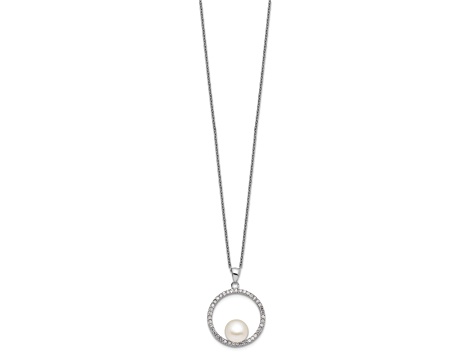 Rhodium Over Sterling Silver 8-9mm White Freshwater Cultured Pearl and Cubic Zirconia Necklace