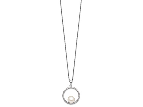 Rhodium Over Sterling Silver 8-9mm White Freshwater Cultured Pearl and Cubic Zirconia Necklace