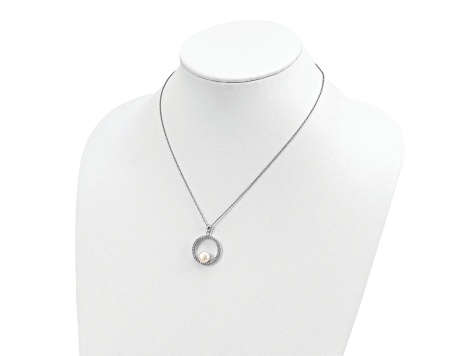 Rhodium Over Sterling Silver 8-9mm White Freshwater Cultured Pearl and Cubic Zirconia Necklace