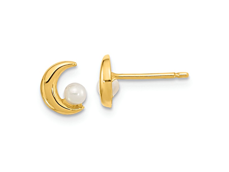 14k Yellow Gold Polished Half Moon 2.5-3mm Freshwater Cultured Pearl Stud Earrings