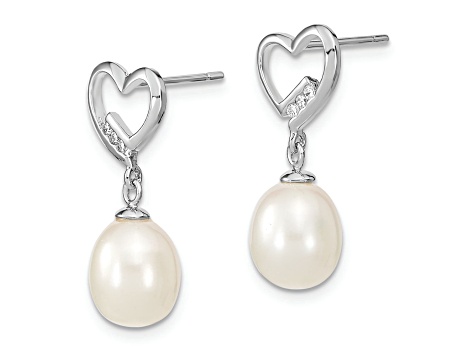 Rhodium Over Sterling Silver 7-8mm Rice Freshwater Cultured Pearl Cubic Zirconia Heart Earrings