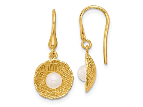 14K Yellow Gold Freshwater Cultured Pearl and Textured Circle Dangle Earrings