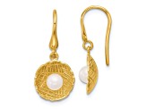 14K Yellow Gold Freshwater Cultured Pearl and Textured Circle Dangle Earrings