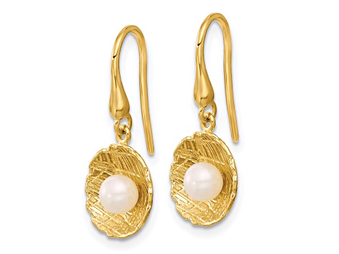 14K Yellow Gold Freshwater Cultured Pearl and Textured Circle Dangle Earrings