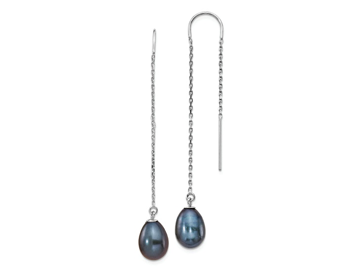 Rhodium Over 14K White Gold 7-8mm Black Teardrop Freshwater Cultured Pearl Threader Earrings