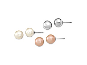 Rhodium Over Sterling Silver 10-11mm White/Pink Imitation Shell Pearl 3 Earring Set