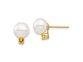 14K Yellow Gold 7-7.5mm White Round Freshwater Cultured Pearl Citrine Post Earrings