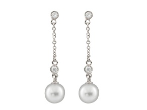 7-7.5mm Akoya Pearl with Diamond Accent 14K White Gold Dangling Chain Earrings, 0.12ctw