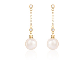 7-7.5mm Akoya Pearl with Diamond Accent 14K Yellow Gold Dangling Chain Earrings, 0.12ctw