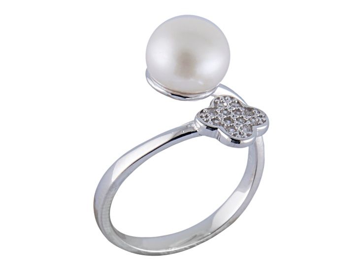 8-8.5mm White Button Cultured Freshwater Pearl and Cubic Zirconia Rhodium Over Silver Ring