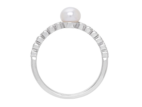 5-5.5mm Round White Freshwater Pearl with 0.14ctw White Sapphire Sterling Silver Ring