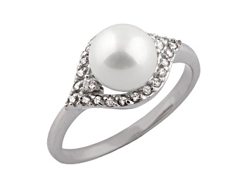 Picture of 7.5-8mm White Round Cultured Freshwater Pearl and Cubic Zirconia Rhodium Over Silver Ring