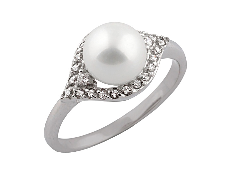 7.5-8mm White Round Cultured Freshwater Pearl and Cubic Zirconia Rhodium Over Silver Ring