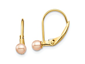 14K Yellow Gold 3-4mm Pink Round Freshwater Cultured Pearl Dangle Earrings