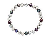 Rhodium Over Sterling Silver Multi-color Freshwater Pearl Necklace/Bracelet/Earring Set