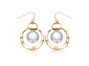 White Freshwater Pearl, 14K Gold Plated over Sterling Silver Concentric Halo Dangle Drop Earrings