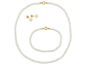 Baby Set of 3-4mm Freshwater Cultured Pearl 12" Necklace, Bracelet & Earrings with 10K Yellow Gold