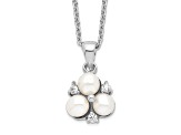 Rhodium Over Sterling Silver 5-6mm White FW Cultured 3-Pearl Cubic Zirconia Necklace