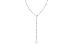 Dangling Y-shaped Rhodium Over Sterling Silver Cultured Freshwater Pearl Necklace, 18" Adjustable