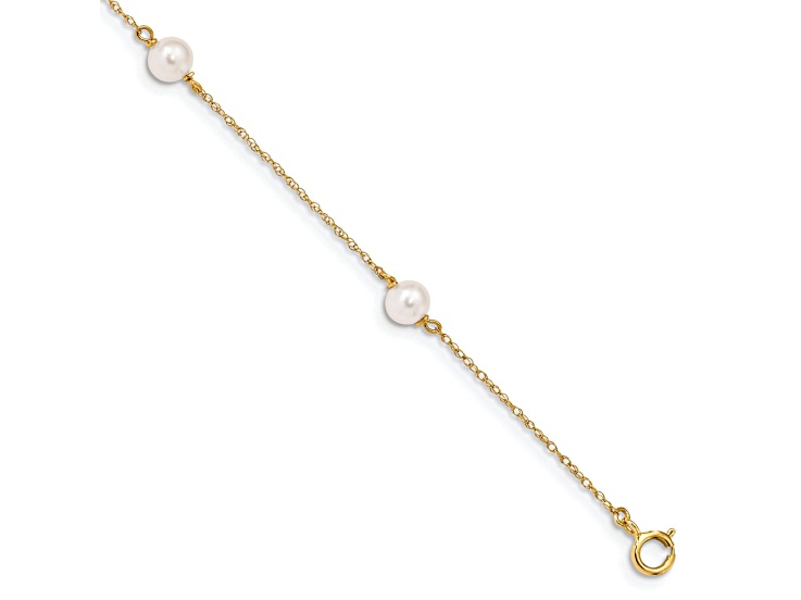 14k Yellow Gold Children's 5-6mm White Round Freshwater Cultured Pearl 3-station Bracelet