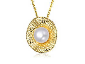 Genuine Freshwater Pearl, 14K Gold Plated over Sterling Silver Hammered Pendant Necklace