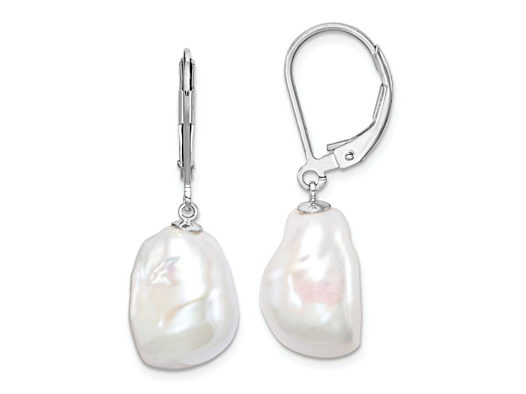 Rhodium Over Sterling Silver 11-12mm Keshi Pearl Leverback Dangle Earrings