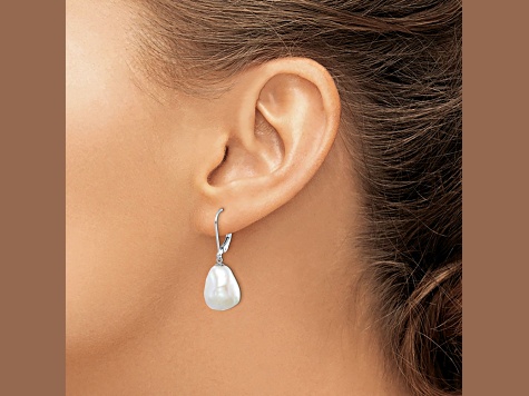 Rhodium Over Sterling Silver 11-12mm Keshi Pearl Leverback Dangle Earrings