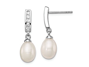 Rhodium Over Sterling Silver 8-9mm White FWC Pearl Cubic Zirconia Post Dangle Earrings