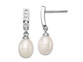 Rhodium Over Sterling Silver 8-9mm White FWC Pearl Cubic Zirconia Post Dangle Earrings