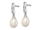 Rhodium Over Sterling Silver 8-9mm White FWC Pearl Cubic Zirconia Post Dangle Earrings