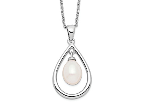 Rhodium Over Sterling Silver 7-8mm White Freshwater Cultured Pearl Pendant Necklace