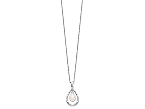 Rhodium Over Sterling Silver 7-8mm White Freshwater Cultured Pearl Pendant Necklace