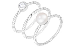 White Cultured Freshwater Pearl Rhodium Over Silver Ring