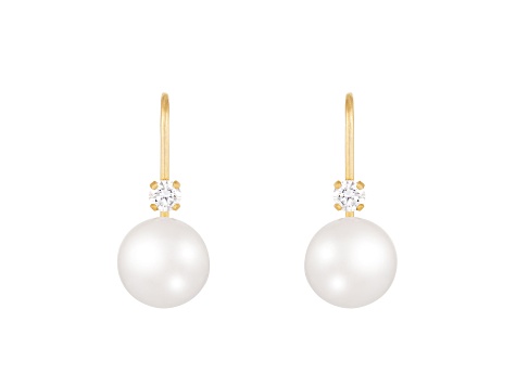 14k Yellow Gold Leverback Earring with 7mm Freshwater Pearl and .10CT DTW