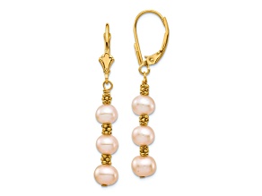 14K Yellow Gold 5-6mm Pink Semi-round Freshwater Culutured Pearl Leverback Earrings