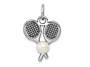 Rhodium Over 14k White Gold Textured Tennis Racquets with Freshwater Pearl Charm
