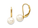 14K Yellow Gold 7-8mm White Round Saltwater Akoya Cultured Pearl Leverback Earrings