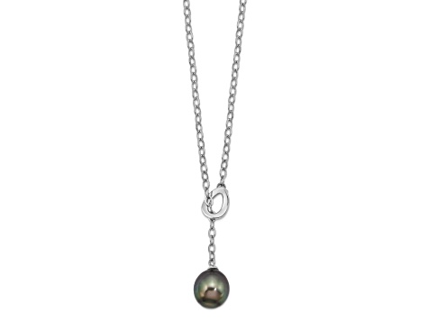 Rhodium Over Sterling Silver 9-10mm Teardrop Tahitian Saltwater Cultured Pearl Slide Necklace