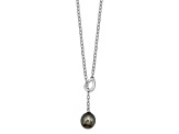 Rhodium Over Sterling Silver 9-10mm Teardrop Tahitian Saltwater Cultured Pearl Slide Necklace